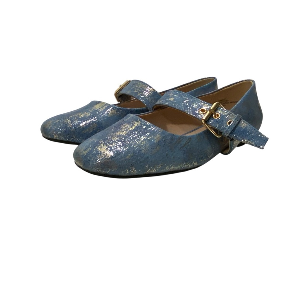 Masseys Party Holiday Gold Metallic Blue Mary Jane Ballet Loafers 8W Square Toe